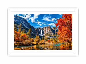 Autumn mountain waterfall landscape with vibrant orange trees and river reflection wall art canvas
