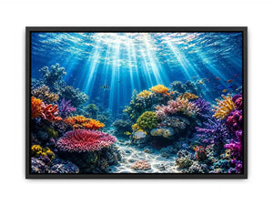 Underwater coral reef ocean scene with sun rays tropical fish and colorful marine life wall art canvas