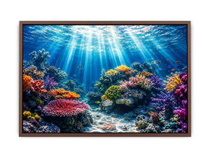 Underwater coral reef ocean scene with sun rays tropical fish and colorful marine life wall art canvas