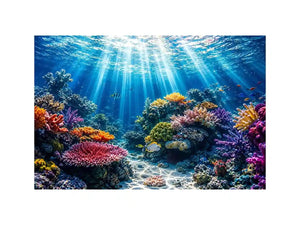 Underwater coral reef ocean scene with sun rays tropical fish and colorful marine life wall art canvas