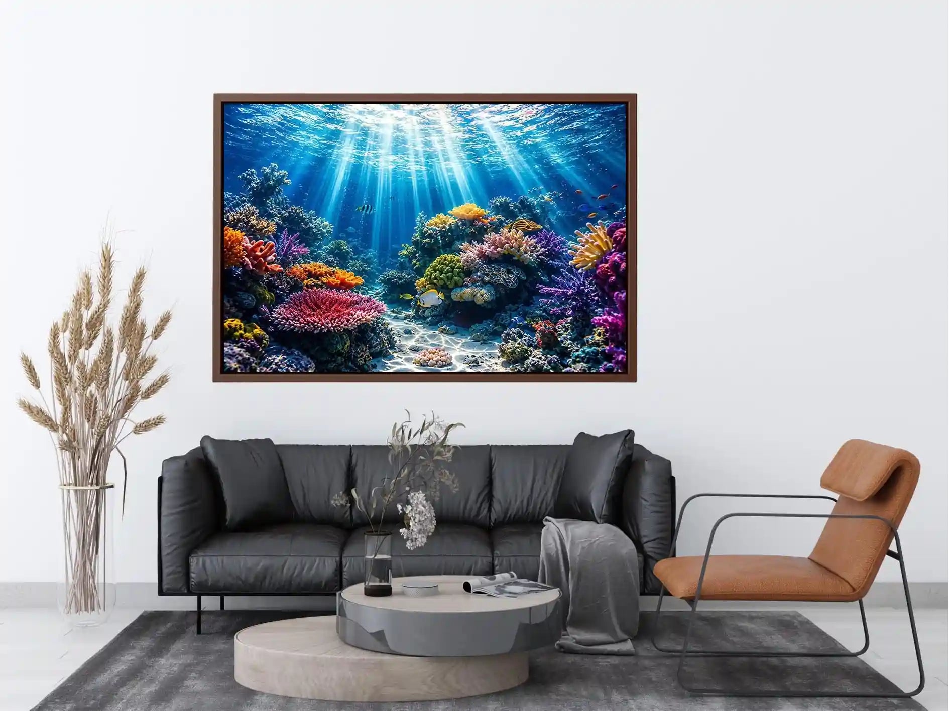 Underwater coral reef ocean scene with sun rays tropical fish and colorful marine life wall art canvas