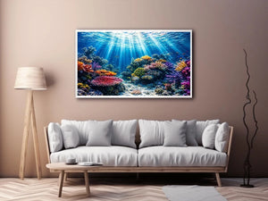 Underwater coral reef ocean scene with sun rays tropical fish and colorful marine life wall art canvas