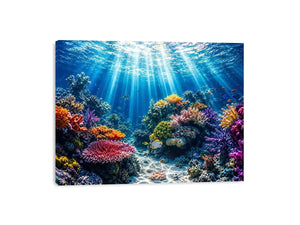 Underwater coral reef ocean scene with sun rays tropical fish and colorful marine life wall art canvas