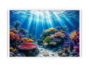 Underwater coral reef ocean scene with sun rays tropical fish and colorful marine life wall art canvas