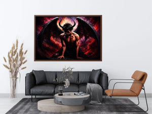 Dark fantasy fallen angel painting with black wings crimson abstract textures and gothic wall art canvas
