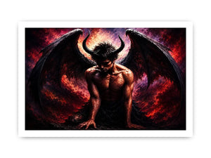 Dark fantasy fallen angel painting with black wings crimson abstract textures and gothic wall art canvas