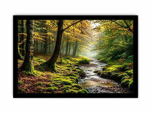 Misty forest creek landscape with mossy woodland trees and peaceful nature wall art canvas