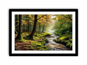 Misty forest creek landscape with mossy woodland trees and peaceful nature wall art canvas