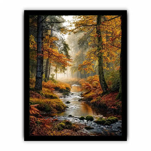 Misty autumn forest stream landscape wall art with golden trees, flowing creek, foggy woodland atmosphere and peaceful nature scenery.