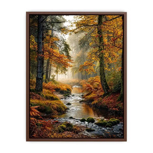 Misty autumn forest stream landscape wall art with golden trees, flowing creek, foggy woodland atmosphere and peaceful nature scenery.