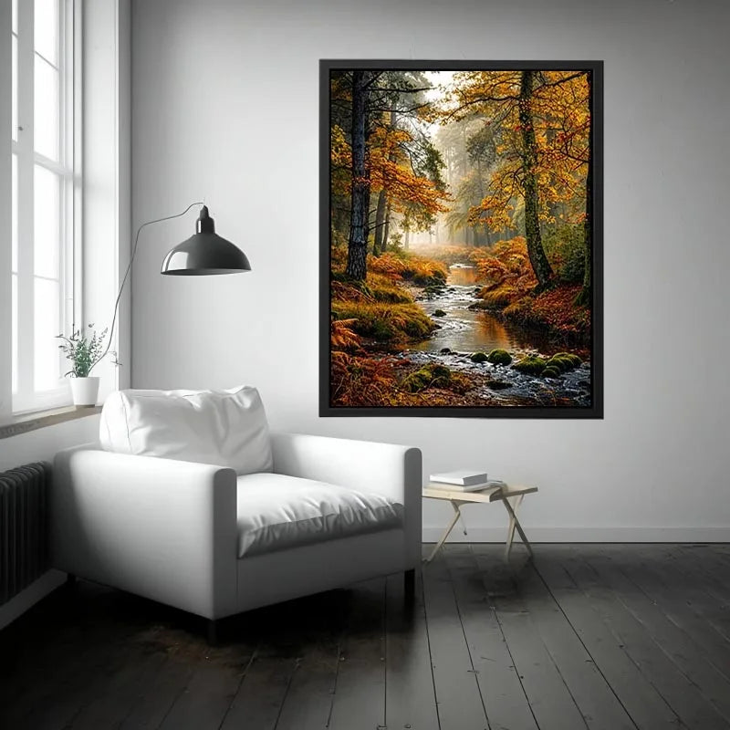 Misty autumn forest stream landscape wall art with golden trees, flowing creek, foggy woodland atmosphere and peaceful nature scenery.