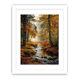 Misty autumn forest stream landscape wall art with golden trees, flowing creek, foggy woodland atmosphere and peaceful nature scenery.