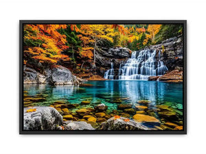 Autumn waterfall landscape wall art with turquoise river, colorful forest trees, rocky canyon scenery and peaceful nature photography.