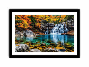 Autumn waterfall landscape wall art with turquoise river, colorful forest trees, rocky canyon scenery and peaceful nature photography.
