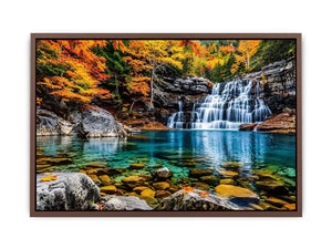 Autumn waterfall landscape wall art with turquoise river, colorful forest trees, rocky canyon scenery and peaceful nature photography.