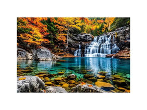 Autumn waterfall landscape wall art with turquoise river, colorful forest trees, rocky canyon scenery and peaceful nature photography.