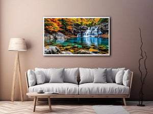 Autumn waterfall landscape wall art with turquoise river, colorful forest trees, rocky canyon scenery and peaceful nature photography.