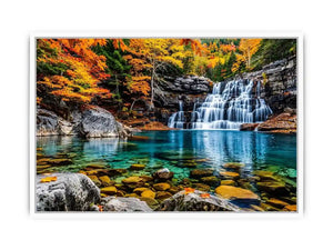 Autumn waterfall landscape wall art with turquoise river, colorful forest trees, rocky canyon scenery and peaceful nature photography.