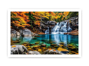 Autumn waterfall landscape wall art with turquoise river, colorful forest trees, rocky canyon scenery and peaceful nature photography.