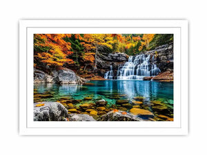 Autumn waterfall landscape wall art with turquoise river, colorful forest trees, rocky canyon scenery and peaceful nature photography.