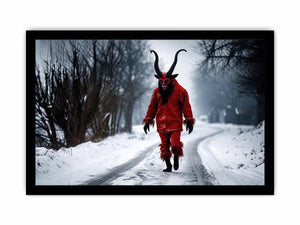 Surreal horned figure winter wall art with red costume, snowy road, dark fantasy atmosphere and cinematic horror aesthetic.