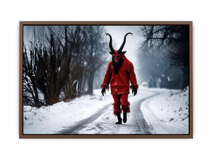 Surreal horned figure winter wall art with red costume, snowy road, dark fantasy atmosphere and cinematic horror aesthetic.