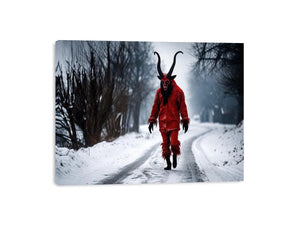 Surreal horned figure winter wall art with red costume, snowy road, dark fantasy atmosphere and cinematic horror aesthetic.
