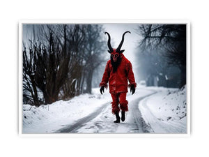 Surreal horned figure winter wall art with red costume, snowy road, dark fantasy atmosphere and cinematic horror aesthetic.