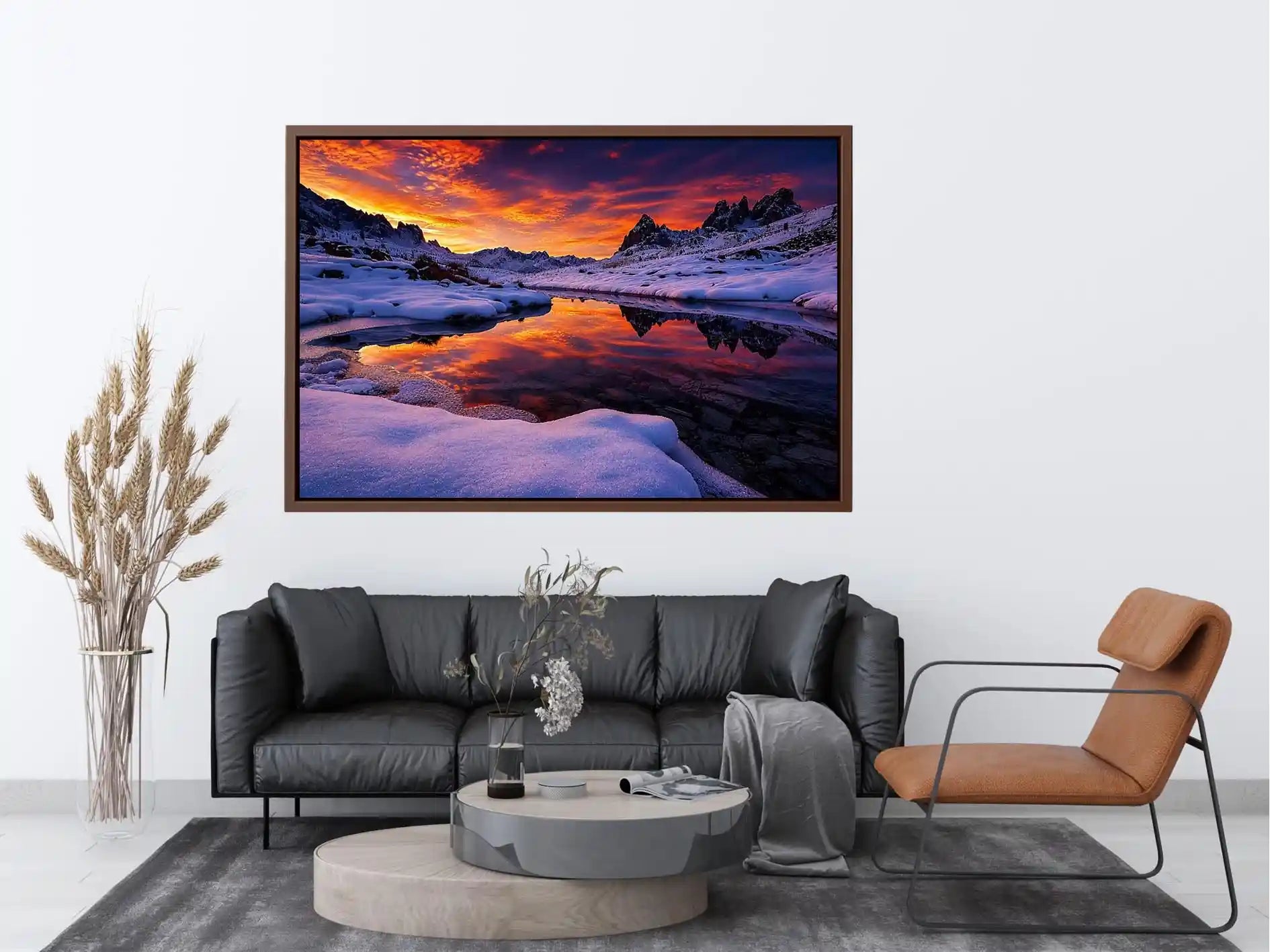 Snowy mountain sunset wall art with frozen lake reflection, colorful twilight sky and peaceful winter landscape photography.