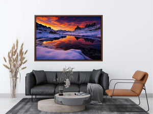 Snowy mountain sunset wall art with frozen lake reflection, colorful twilight sky and peaceful winter landscape photography.