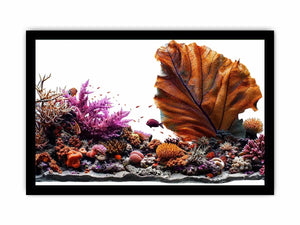 Colorful coral reef wall art with tropical fish, oversized sea fan coral and vibrant underwater ocean scenery.