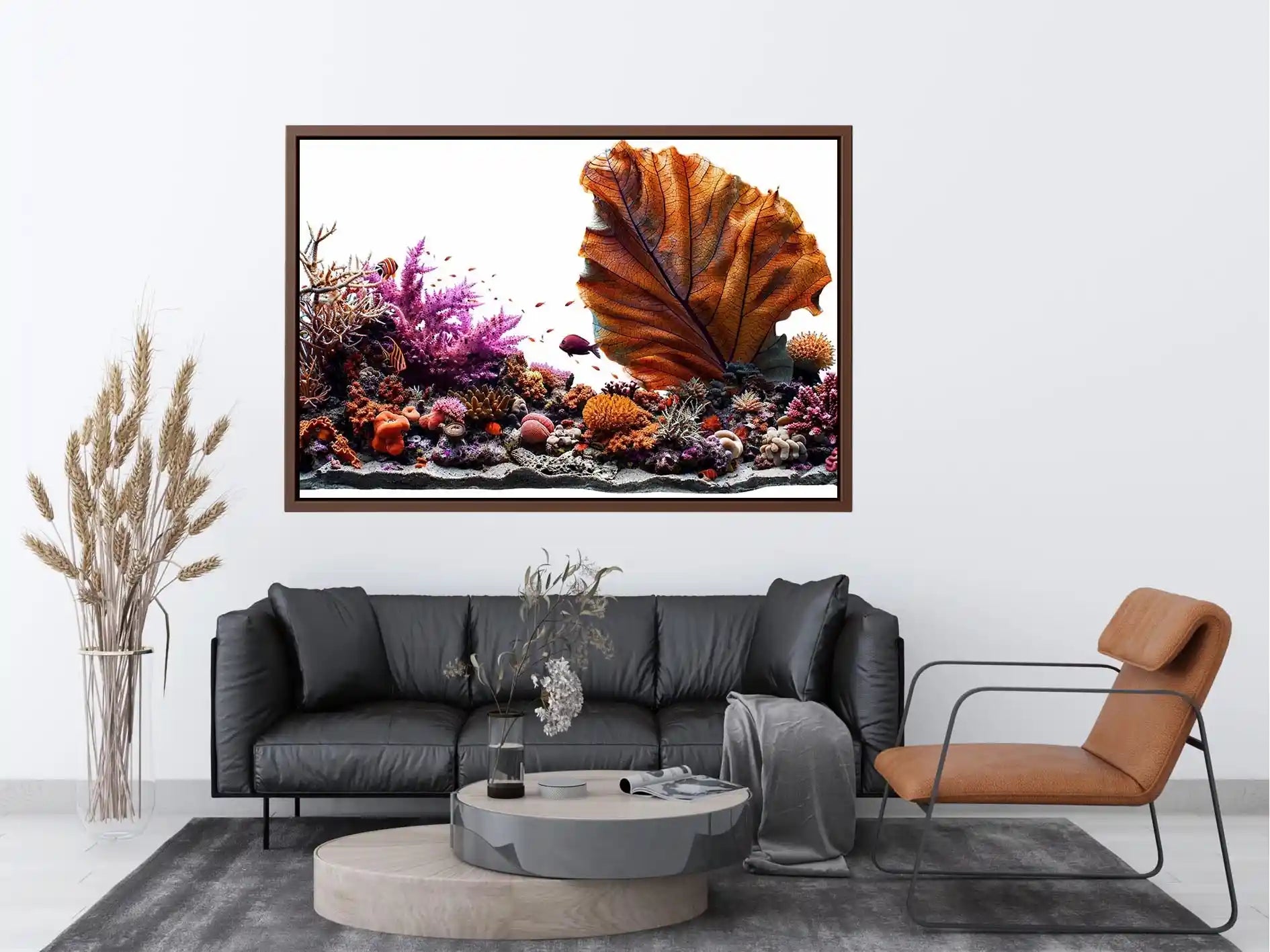 Colorful coral reef wall art with tropical fish, oversized sea fan coral and vibrant underwater ocean scenery.