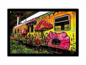 Colorful graffiti train wall art featuring psychedelic mushrooms, flowers and vibrant urban street art.