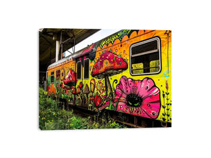 Colorful graffiti train wall art featuring psychedelic mushrooms, flowers and vibrant urban street art.