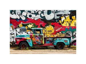 Vintage graffiti pickup truck wall art with colorful urban street mural background.