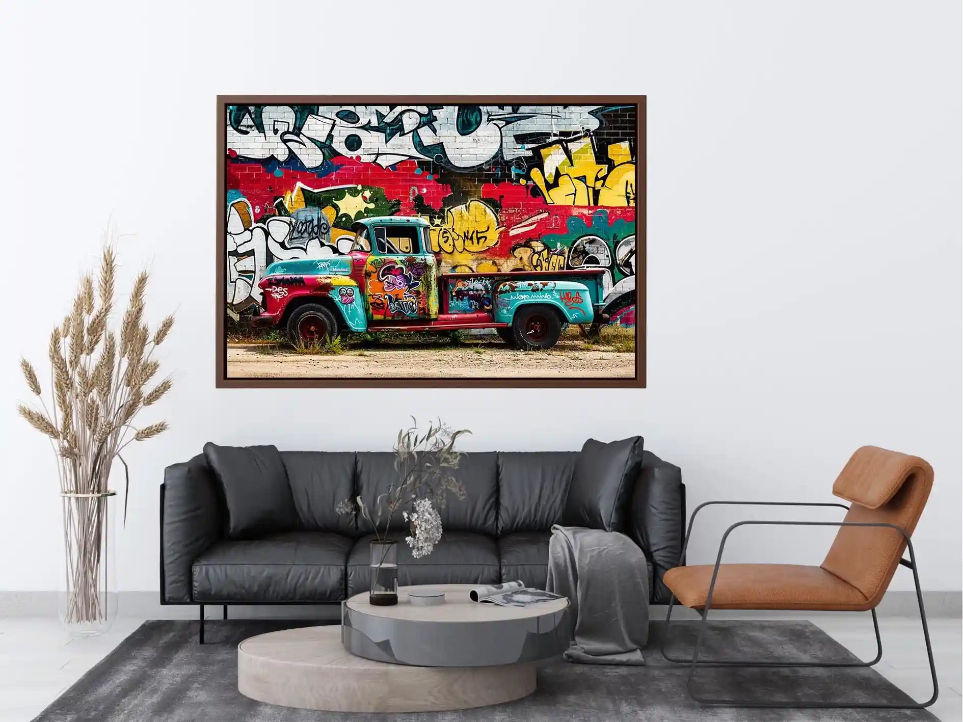Vintage graffiti pickup truck wall art with colorful urban street mural background.