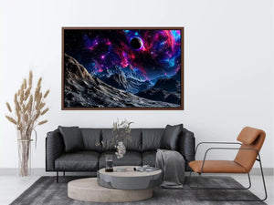 Cosmic galaxy landscape wall art with glowing nebula, planet and futuristic space terrain.