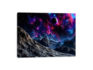 Cosmic galaxy landscape wall art with glowing nebula, planet and futuristic space terrain.
