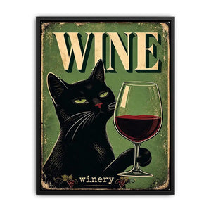 Vintage style poster of a black cat holding a glass of red wine with retro typography