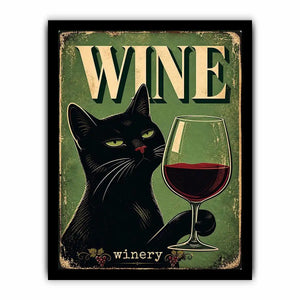 Vintage style poster of a black cat holding a glass of red wine with retro typography