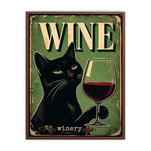 Vintage style poster of a black cat holding a glass of red wine with retro typography