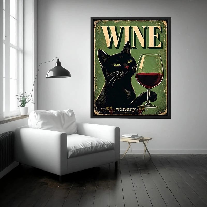 Vintage style poster of a black cat holding a glass of red wine with retro typography