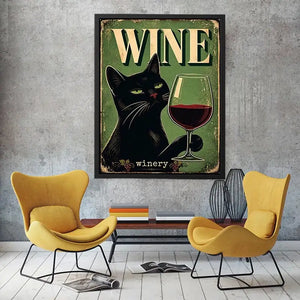 Vintage style poster of a black cat holding a glass of red wine with retro typography