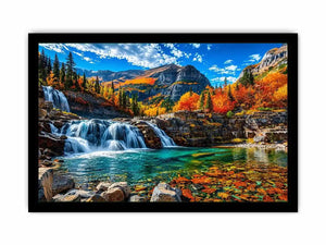 Autumn waterfall landscape wall art with turquoise river, colorful forest and mountain scenery.