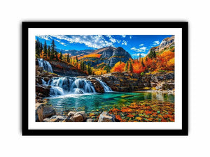 Autumn waterfall landscape wall art with turquoise river, colorful forest and mountain scenery.