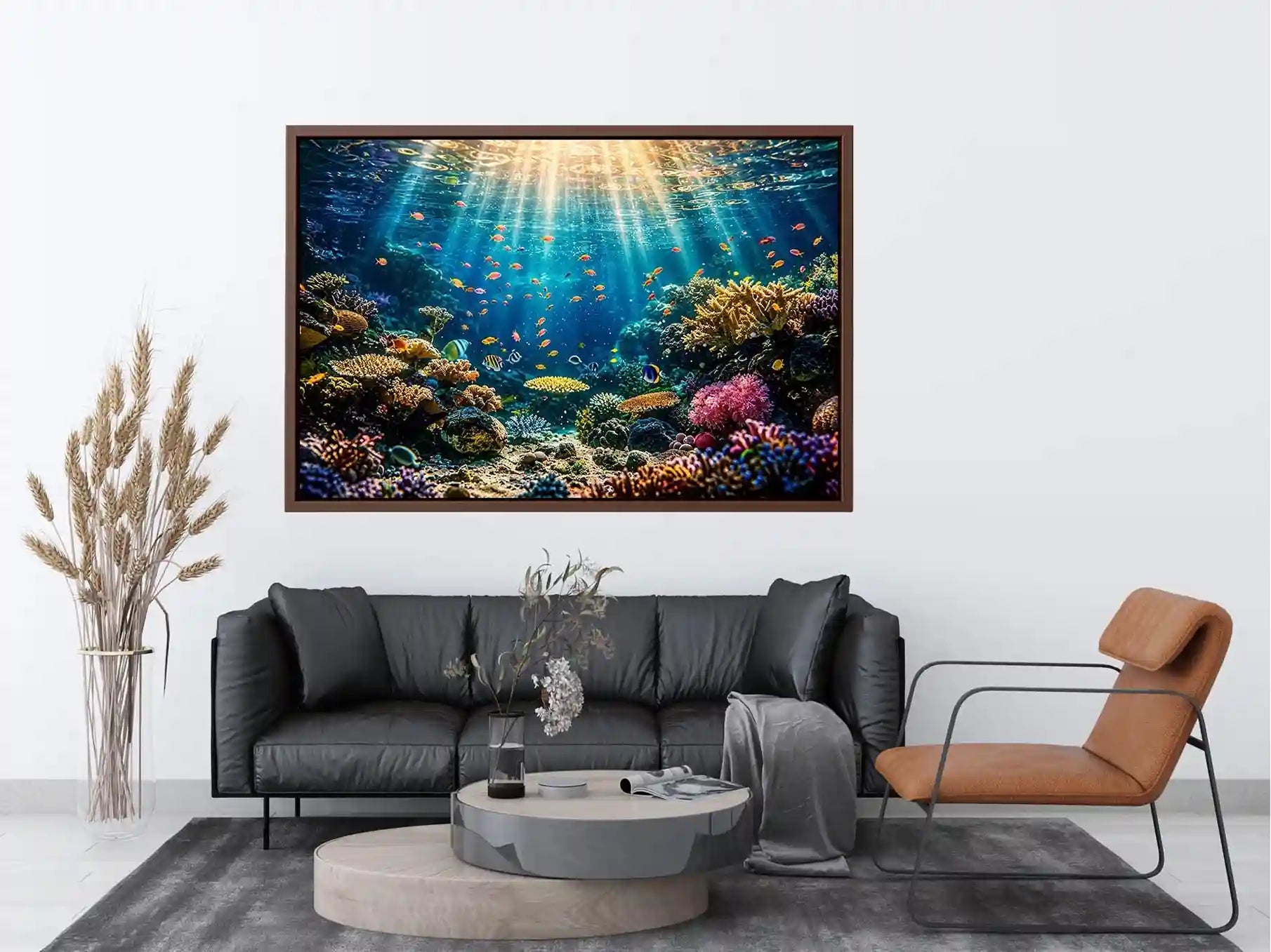 Underwater coral reef wall art with tropical fish and glowing ocean sun rays.