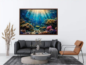 Underwater coral reef wall art with tropical fish and glowing ocean sun rays.
