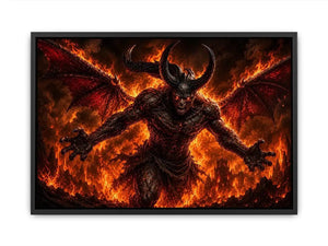 Dark fantasy demon wall art with fiery flames, horns and cinematic infernal atmosphere.