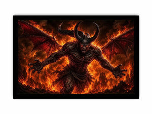 Dark fantasy demon wall art with fiery flames, horns and cinematic infernal atmosphere.