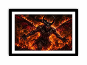 Dark fantasy demon wall art with fiery flames, horns and cinematic infernal atmosphere.